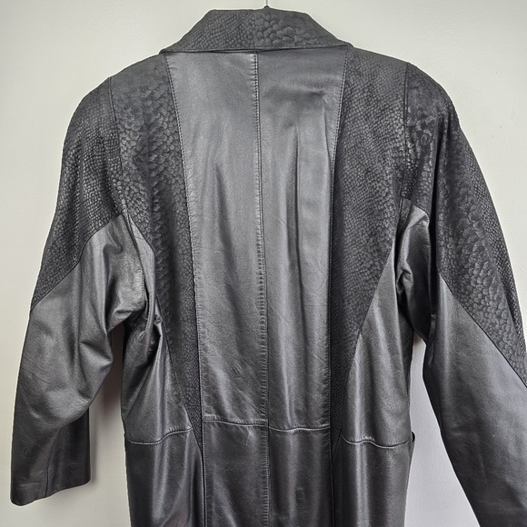Vintage 80s Pelle Long Leather Jacker Trench Coat Duster Patterned Black Women M - Picture 9 of 13